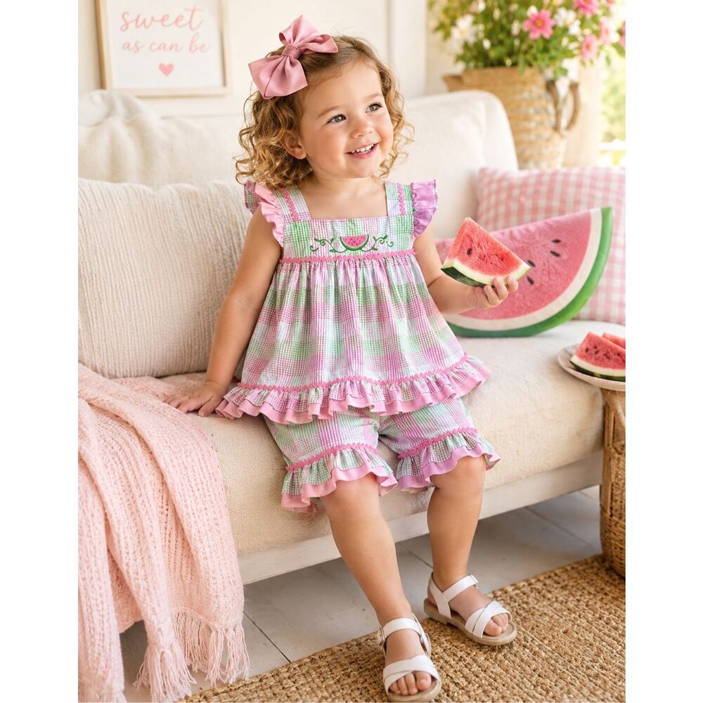 Petit Ami Girls Watermelon Smocked Outfit Pink Green Gingham Ruffle Shorts Set S